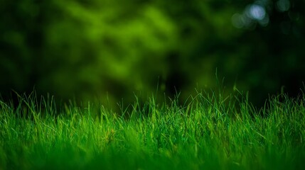 Fototapeta premium Close-up of vibrant green grass with natural blurred background, showing fresh lawn texture, depth and detail of blades, peaceful meadow field, serene outdoor nature landscape concept