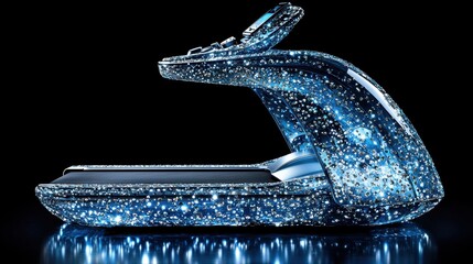 high tech treadmill sleek design and sparkling surface is illuminated in dark environment showcasing its unique features. equipment is intended for innovative exercise routines.