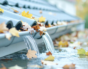 Close-up of rain gutter clogged with wet autumn leaves, water overflow, urban house roof edge, documentary style, high detail, copy space for text,