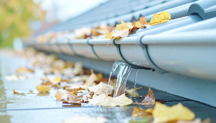 Close-up of rain gutter clogged with wet autumn leaves, water overflow, urban house roof edge, documentary style, high detail, copy space for text,