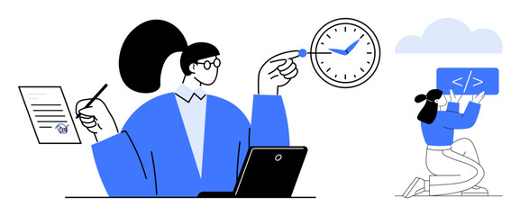Woman managing tasks using laptop, signing documents, highlighting a clock, and assisting coding teammate. Ideal for teamwork, productivity, remote work, time management, workflow collaboration