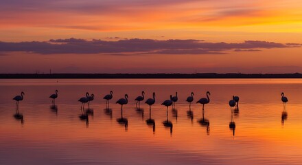 Naklejka premium Flock flamingos sunset lake