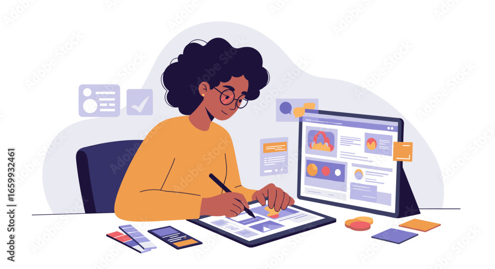 Poster creative designer working on digital tablet with modern user interface design