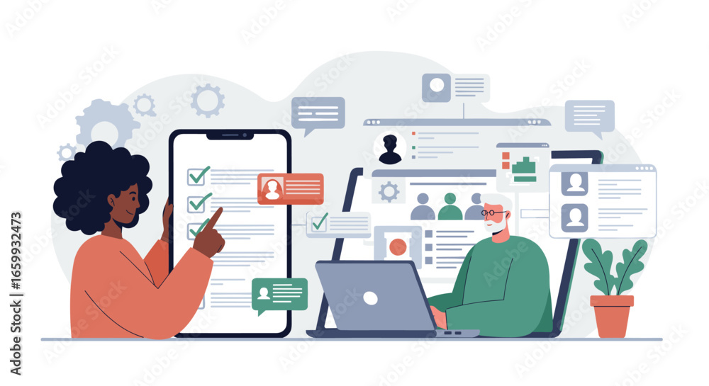 Poster remote teamwork and communication in digital workspace with mobile and laptop collaboration