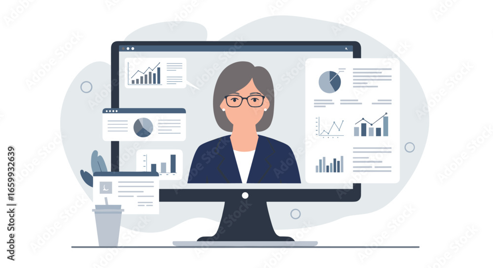 Poster business analyst reviewing data on computer screen with graphs and charts