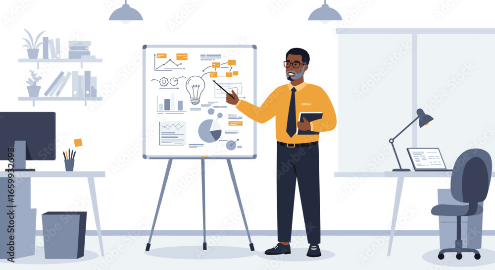 Poster professional presentation with data charts in modern office setting