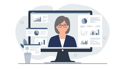 Business analyst reviewing data on computer screen with graphs and charts