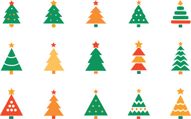 Collection of stylized christmas tree icons in green orange and yellow