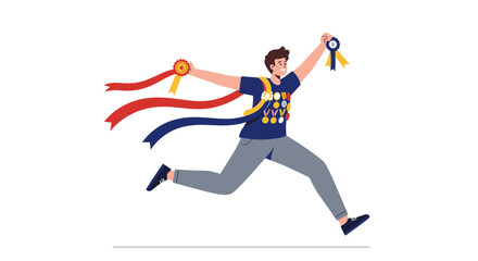 Enthusiastic winner running with awards and medals celebrating victory