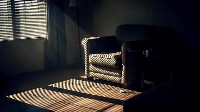 Sunlight Streaming Through Window on Armchair Creating Shadow Stripes