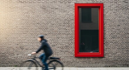 A modern urban scene featuring a cyclist passing a brick wall with red window