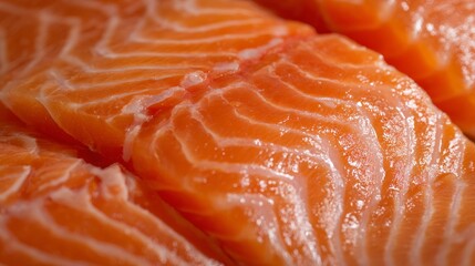 Closeup of fresh salmon fillet on processing line in seafood factory, raw fish meat texture detail, food industry production, healthy protein nutrition and quality control in modern facility