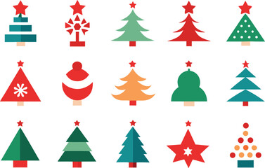 Collection of flat design christmas tree icons in various styles and colors