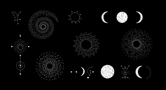 Celestial minimalist dots and lines: zodiac symbols and lunar phases on black background