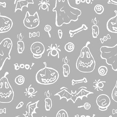 halloween Hand drawn doodle style pumpkins, ghosts, bats, cats, spiders, bones, candies and candles seamless pattern on grey background.