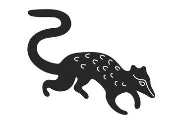 Black civet silhouette with long tail and patterned body isolated on white background. Vector illustration. Wild animal and tribal art concept