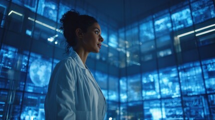 A researcher examines glowing screens filled with complex data in a high-tech lab environment