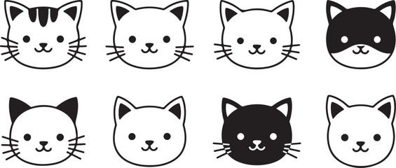 Collection of Cute Cartoon Cat Faces in Black and White kitten feline