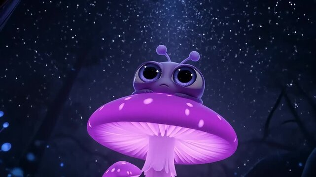 Whimsical Purple Alien on Glowing Mushroom in Starlit Forest
