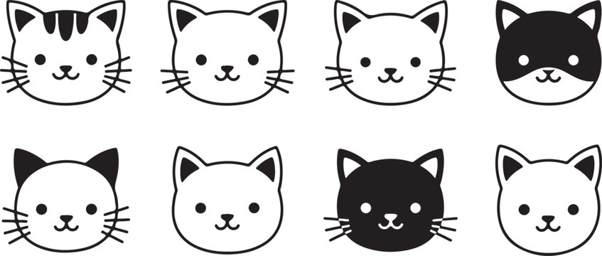 Collection of Cute Cartoon Cat Faces in Black and White kitten feline