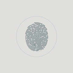 Stylized digital fingerprint icon with bluegrey dashed lines featuring a distinct whorl pattern within a light circle.