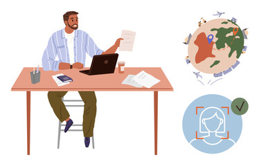Man working at desk with laptop and spilling documents, globe representing global influence, identity verification icon. Ideal for remote work, global business, technology, identity verification