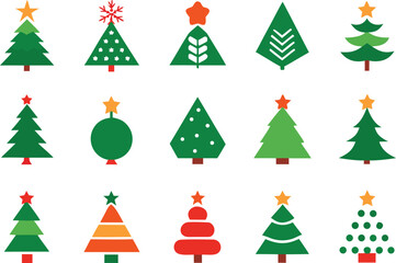 Collection of diverse stylized christmas trees with stars