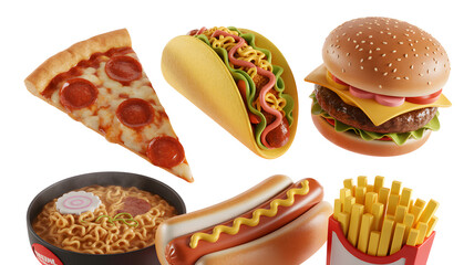 A collection of six cartoon style fast food items including pizza taco hamburger hot dog ramen noodles and french fries
