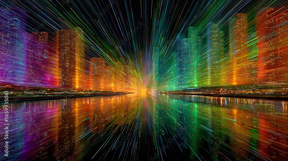 Poster a dazzling futuristic cityscape with towering skyscrapers illuminated by a mesmerizing display of mu