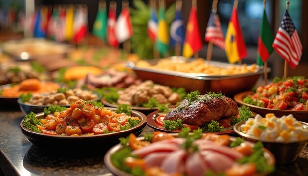 Wide spread of international buffet dishes. Featuring roast meats, salads, appetizers garnished with fresh herbs, lettuce. Small flags from various countries displayed, representing diverse global