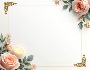 Elegant funeral flyer template with soft floral designs candles on soothing background. Peach roses border empty white space decorated with golden frame for obituary cards invitations.