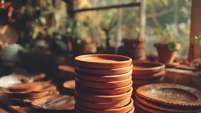 Stacked terracotta pottery plates and planters, sun-drenched windowsill scene.