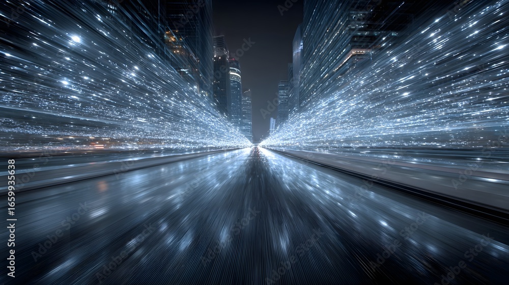 Poster a dazzling high speed journey through a futuristic metropolis with blurred lights and dynamic motion
