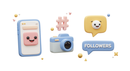 A digital illustration of a mobile phone with social media icons and camera, audio, and web symbols