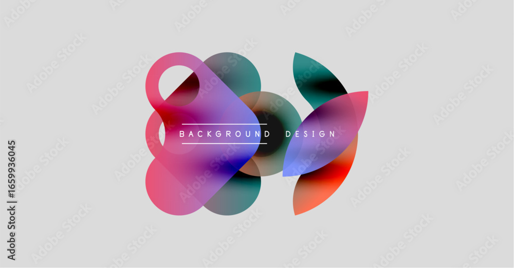Poster abstract shapes overlap, creating vibrant color blends. minimalist design with text elements present