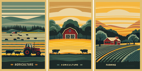 Rural Farm Scene Illustrations Featuring Barns Livestock Fields and Agricultural Machinery