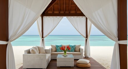 Naklejka na ściany i meble Tropical beachfront cabana with ocean view