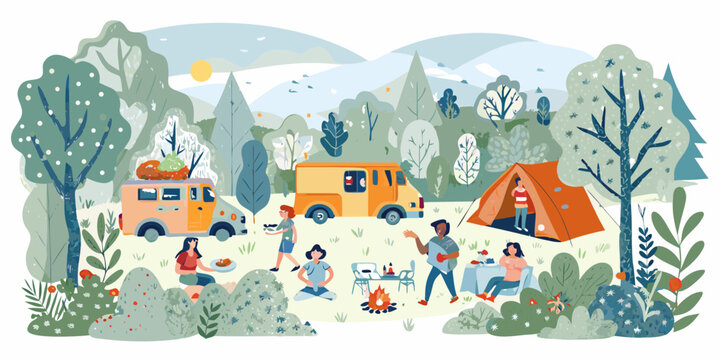 Group of friends camping in the forest with vans and tent