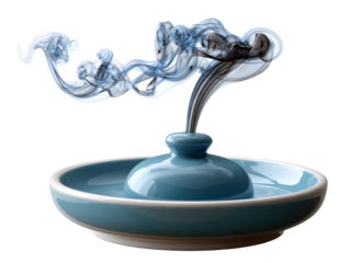 Aromatic Serenity: An elegant blue ceramic incense burner, its ethereal smoke gracefully curling into artistic wisps against a clean backdrop, suggesting a moment of mindful tranquility.