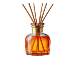 Aromatic Essence: A glass diffuser bottle filled with a vibrant amber liquid, releasing a calming fragrance through wooden reeds, suggesting a sense of tranquility and well-being.