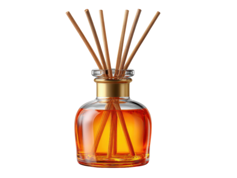 Aromatic Essence: A glass diffuser bottle filled with a vibrant amber liquid, releasing a calming fragrance through wooden reeds, suggesting a sense of tranquility and well-being.