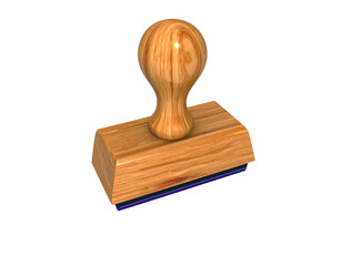 Rubber stamp isolated on white background, classic stationery tool for office, paperwork, documents, authentication, signatures, official use, wooden handle, ink pad accessory, clean minimal presentat