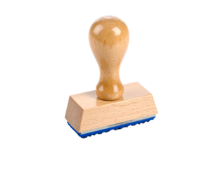 Rubber stamp isolated on white background, classic stationery tool for office, paperwork, documents, authentication, signatures, official use, wooden handle, ink pad accessory, clean minimal presentat