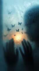 Close-up view of hands on a misty window, with butterflies fluttering in front of a glowing sunset