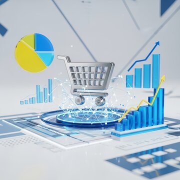  3D E-commerce Market Concept with Abstract Digital Graphics