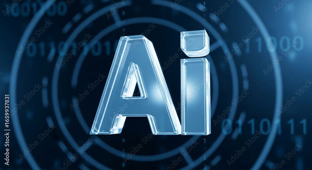Aufkleber glass ai letters on dark blue background with binary code, symbolizing artificial intelligence, tech