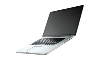 Sleek silver laptop floating against a black background with an open, blank screen