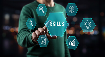 Person Pointing at Digital Skills Icon with Related Business and Technology Symbols