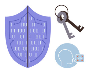 Shield with binary code, traditional keys, and biometric authentication icon represent security, encryption, access control, identity verification, cyber defense, privacy and data protection. Ideal