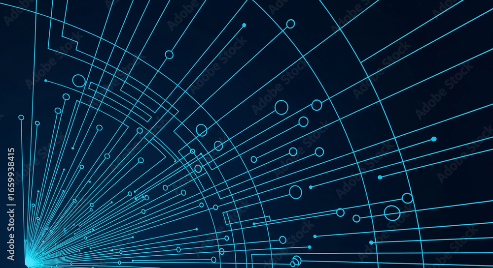 Poster abstract digital artwork featuring glowing blue lines and circles on a dark background, creating a d